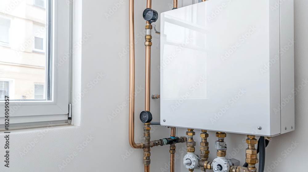 Close-up of a modern gas boiler with copper pipes in a home, illustrating residential heating system and plumbing components.
Close-up of a modern gas boiler with copper pipes in a home, illustrating residential heating system and plumbing components.