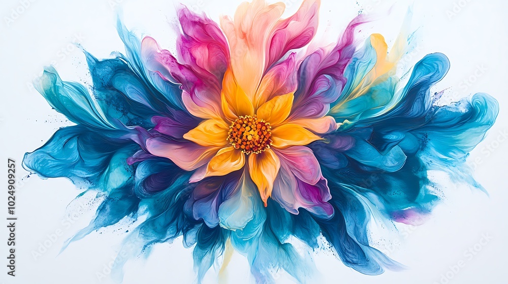Obraz premium Mandala with abstract shapes and flowing lines, vivid colors of turquoise, magenta, and yellow, radiating from a central point, fluid and organic forms creating a harmonious pattern,