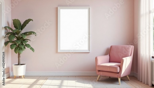 Minimalistic interrior desighn with pink chair and blank canvas mockup on a wall. A 3D render of a minimalist living room with a pink velvet chair and a large square picture frame on a wall