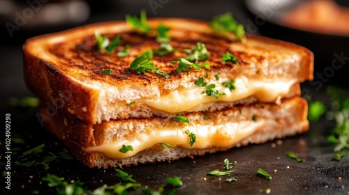 A beautiful grilled cheese sandwich garnished with fresh herbs, set against a dark background, enhancing its gourmet appeal and inviting a culinary delight. photo