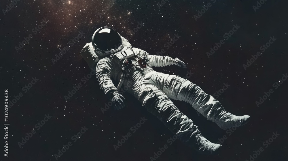 Futuristic astronaut suit in outer space, floating in zero gravity, no people, copy space Futuristic astronaut suit in outer space, floating in zero gravity, no people, copy space