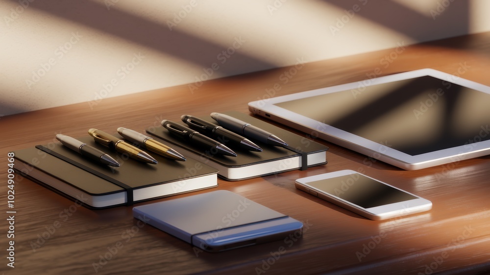 A clean workspace featuring notebooks, pens, a tablet, and a smartphone on a wooden surface, illuminated by soft natural light A clean workspace featuring notebooks, pens, a tablet, and a smartphone on a wooden surface, illuminated by soft natural light