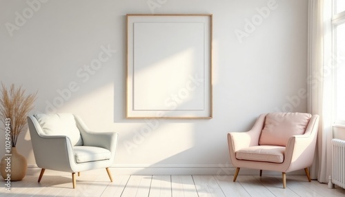 Minimalistic interrior desighn with pink chair and blank canvas mockup on a wall. A 3D render of a minimalist living room with a pink velvet chair and a large square picture frame on a wall photo