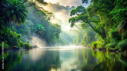 Mystical mist over tranquil rainforest river