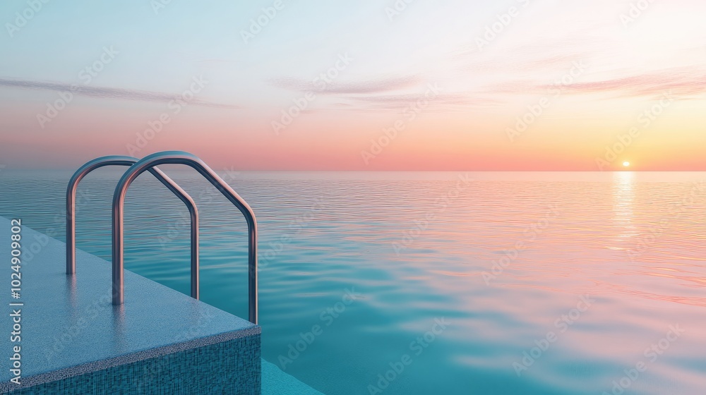 Infinity pool overlooking the ocean at sunset, calm water with no people, perfect for copy space Infinity pool overlooking the ocean at sunset, calm water with no people, perfect for copy space