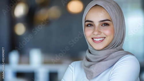 Portrait of a Confident Young Muslim Businesswoman Wearing a Hijab, Smiling at the Camera