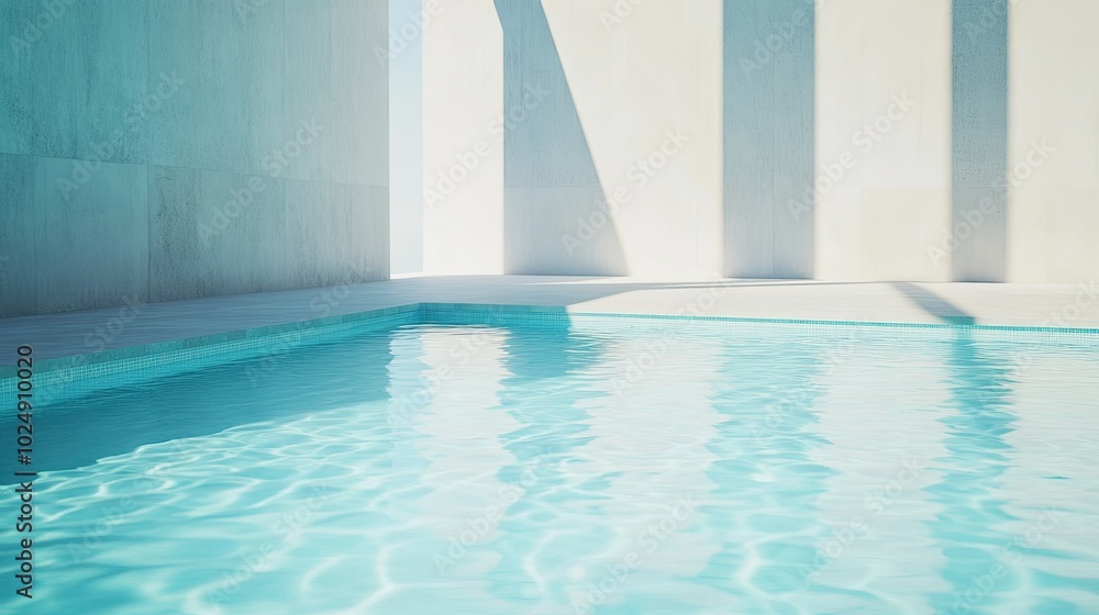 Fototapeta premium Minimalist swimming pool design with light blue water and clean lines. No people, plenty of copy space