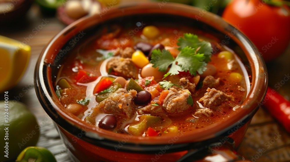 Aromatic Mexican soup with meat, beans, corn and fresh herbs. In the center of the composition are fresh cilantro leaves, which add brightness and aroma to the soup. Aromatic Mexican soup with meat, beans, corn and fresh herbs. In the center of the composition are fresh cilantro leaves, which add brightness and aroma to the soup.