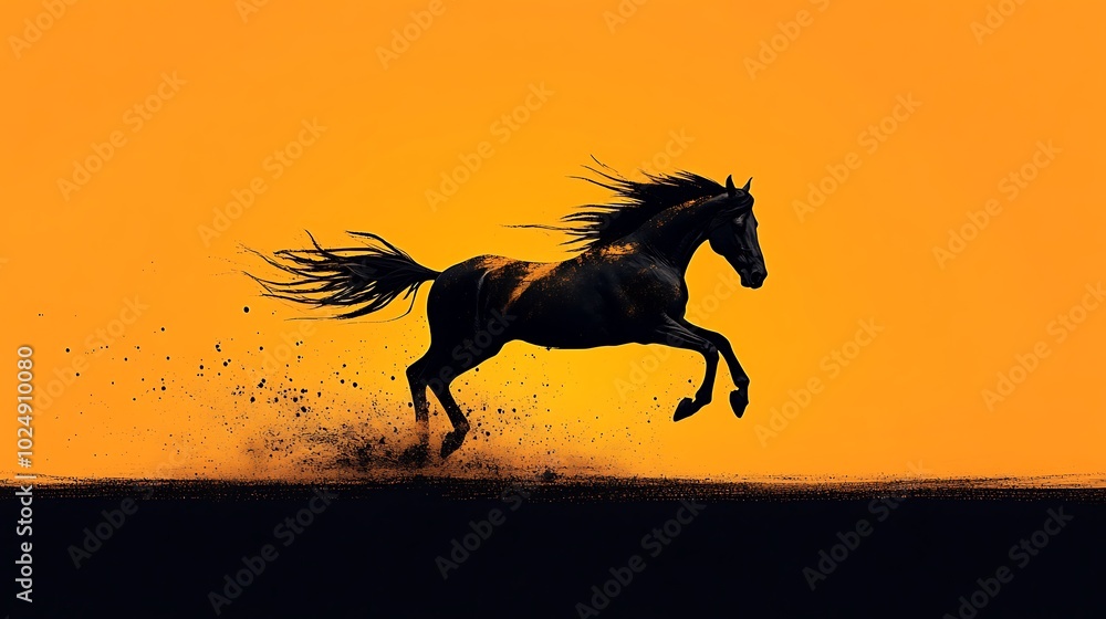 Minimalistic animal silhouette of a running horse, solid black against a soft gradient background of orange and yellow, dynamic pose with flowing mane and tail, clean lines, smooth curves, Minimalistic animal silhouette of a running horse, solid black against a soft gradient background of orange and yellow, dynamic pose with flowing mane and tail, clean lines, smooth curves,