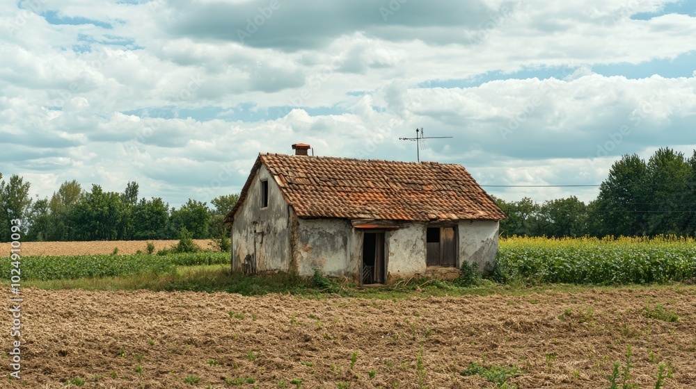 A weathered, abandoned house stands in a field of crops under a cloudy sky.