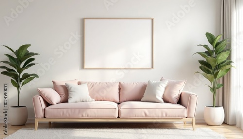 Minimalistic interrior desighn with pink sofa and blank canvas mockup on a wall. A 3D render of a minimalist living room with a pink velvet couch and a large square picture frame on a wall photo