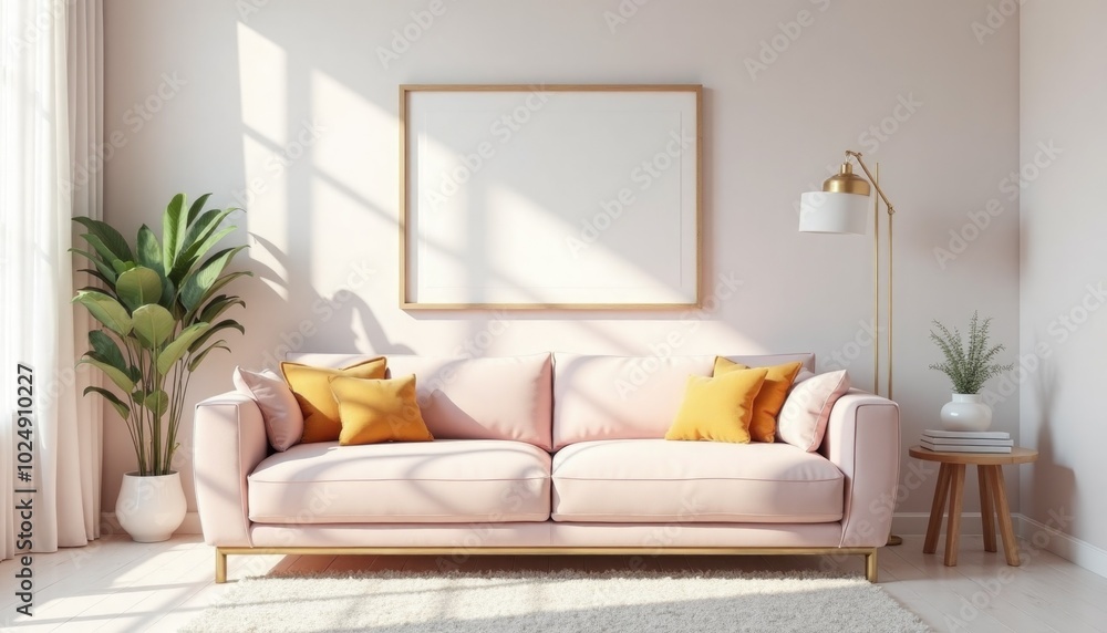 Minimalistic interrior desighn with pink sofa and blank canvas mockup on a wall. A 3D render of a minimalist living room with a pink velvet couch and a large square picture frame on a wall Minimalistic interrior desighn with pink sofa and blank canvas mockup on a wall. A 3D render of a minimalist living room with a pink velvet couch and a large square picture frame on a wall