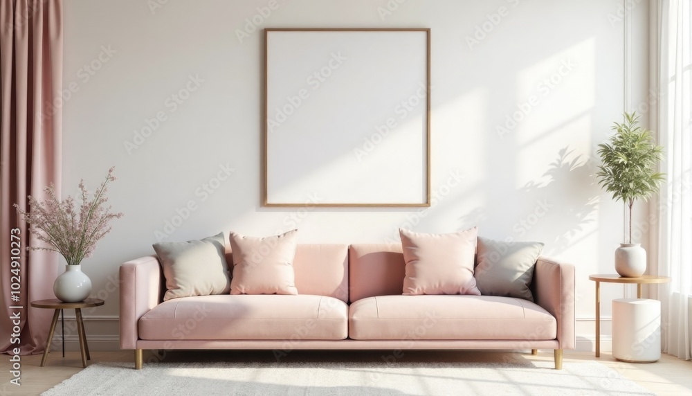 Minimalistic interrior desighn with pink sofa and blank canvas mockup on a wall. A 3D render of a minimalist living room with a pink velvet couch and a large square picture frame on a wall Minimalistic interrior desighn with pink sofa and blank canvas mockup on a wall. A 3D render of a minimalist living room with a pink velvet couch and a large square picture frame on a wall