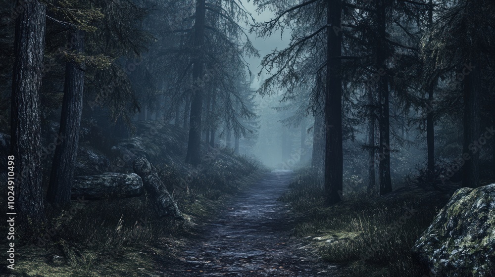 Obraz premium A misty path winds through a dense, dark forest, with tall trees lining the sides and rocks scattered along the way.