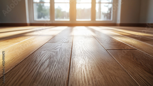 A close-up of polished hardwood flooring illuminated by warm sunlight streaming through a large window in a modern, bright interior. 