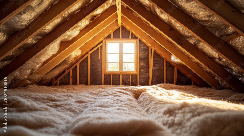 An attic space with foam insulation and fiberglass batts, featuring exposed wooden beams and natural light from a small window.
An attic space with foam insulation and fiberglass batts, featuring exposed wooden beams and natural light from a small window.
