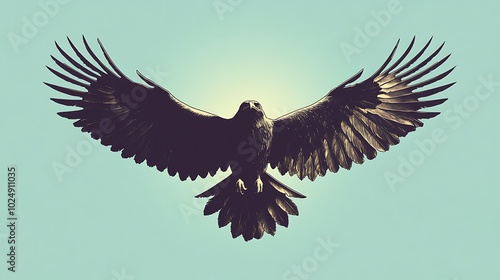 Silhouette of a flying eagle, wings spread wide, solid dark brown against a soft sky-blue gradient background, dynamic pose with sharp lines, clean and minimalistic design, photo