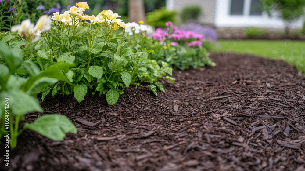 A vibrant flower bed featuring fresh dark mulch, blooming yellow and pink flowers, and lush green plants in a well-kept garden.
A vibrant flower bed featuring fresh dark mulch, blooming yellow and pink flowers, and lush green plants in a well-kept garden.