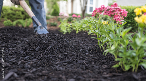 A gardener using a shovel to spread fresh dark mulch around blooming pink and yellow flowers in a well-maintained garden bed.
