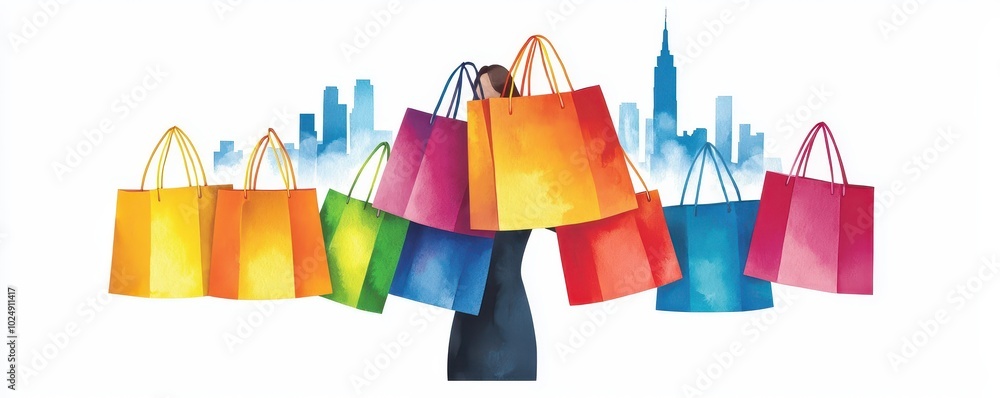 Naklejka premium Vibrant Shopper with Colorful Bags in Cityscape