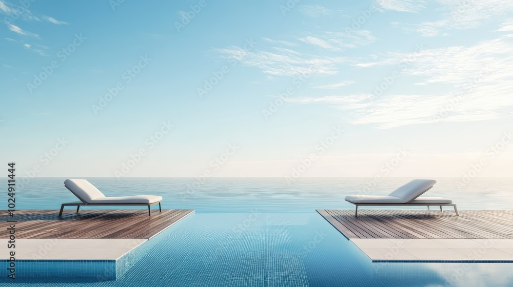 Fototapeta premium Pool with a wooden deck and sun loungers, peaceful atmosphere, no people, copy space available