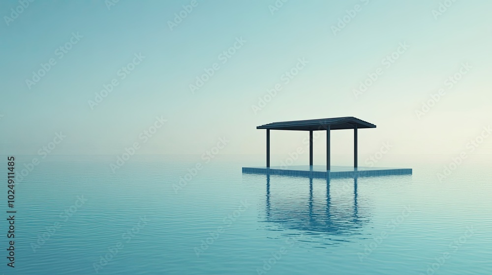 Poolside cabana with a calm water surface, no people around, and wide copy space Poolside cabana with a calm water surface, no people around, and wide copy space