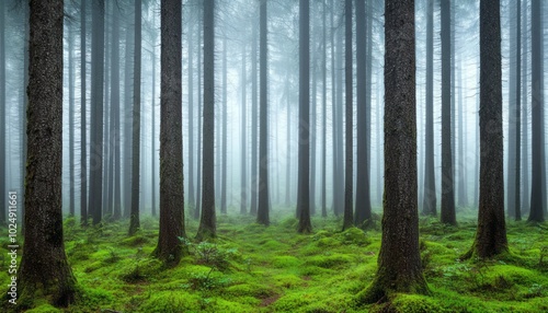 A serene forest scene shrouded in mist with tall trees and lush green undergrowth.