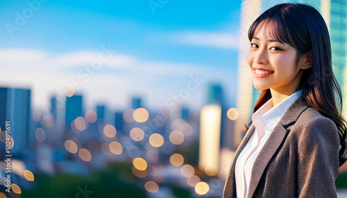 A side profile of an Asian businesswoman smiling under the dazzling lights of the city.