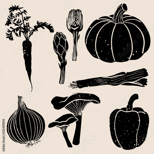 Different vegetables linocut vector illustration with grunge texture. Monochrome linear woodcut illustration. Harvest, autumn isolated graphic elements. Vector set