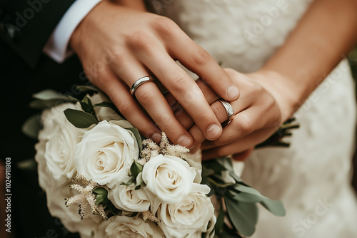 Close-up of the groom's and bride's hands with their wedding rings, holding each other