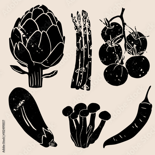 Different vegetables linocut vector illustration with grunge texture. Monochrome linear woodcut illustration. Harvest, autumn isolated graphic elements. Vector set