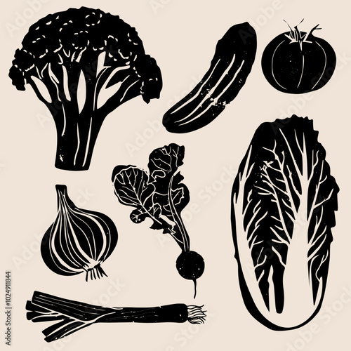Different vegetables linocut vector illustration with grunge texture. Monochrome linear woodcut illustration. Harvest, autumn isolated graphic elements. Vector set