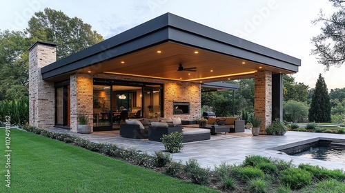 Modern outdoor living space with sleek design and landscaping.