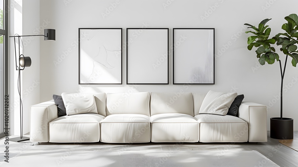 Fototapeta premium Sleek and Serene: Modern White Minimalist Interior Living Room Design