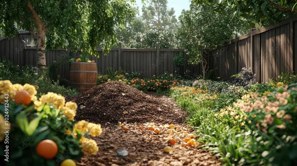 A compost pile breaking down organic waste in a lush green backyard, photorealistic detail, vibrant natural tones, sustainability at home A compost pile breaking down organic waste in a lush green backyard, photorealistic detail, vibrant natural tones, sustainability at home