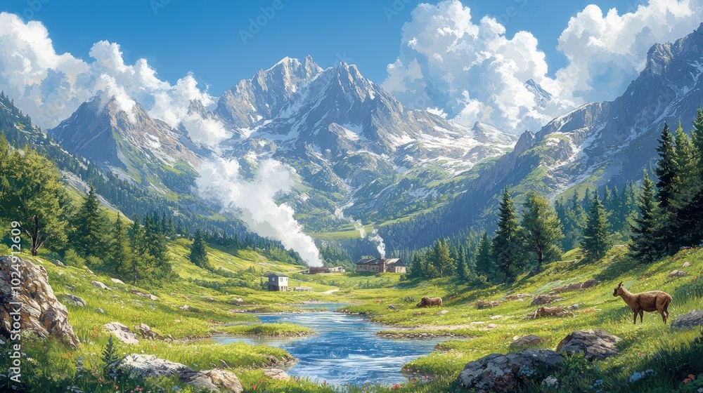 Serene Mountain Landscape with River and Wildlife Serene Mountain Landscape with River and Wildlife