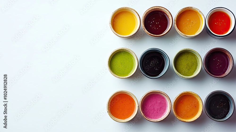 Selection of colorful dipping sauces, arranged in small bowls, top view with copy space for text or design Selection of colorful dipping sauces, arranged in small bowls, top view with copy space for text or design