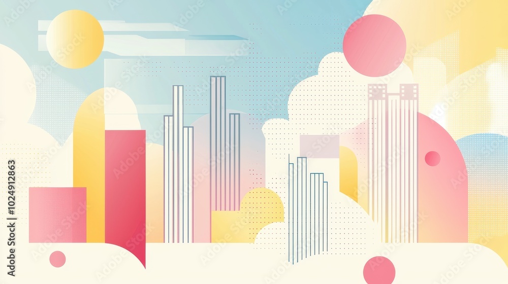 Fototapeta premium Abstract Minimalist Cityscape with Pastel Colors and Sunrise, Ai Generation