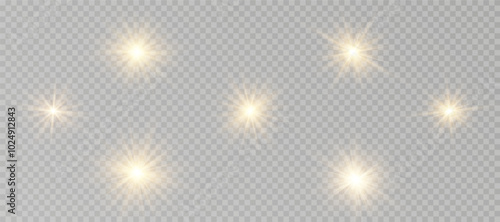 Yellow glowing light explodes on a transparent background. Sparkling magical dust particles. Bright Star. Transparent shining sun, bright flash. Vector sparkles.