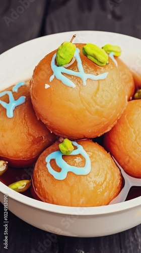 Indian sweet gulab jamun y dough balls deep-fried and soaked in sugar syrup flavored with rosewater or cardamom. sugar syrup flavored with rosewater or cardamom. Diwali, Ugadi, Holi photo