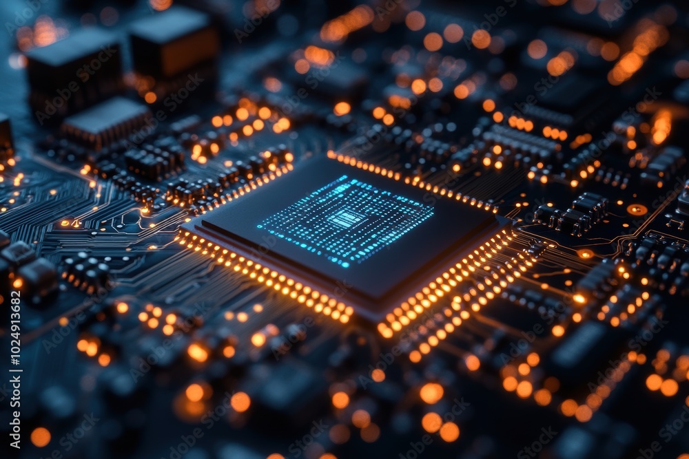 Vibrant Circuit Board with Microchip Background Vibrant Circuit Board with Microchip Background