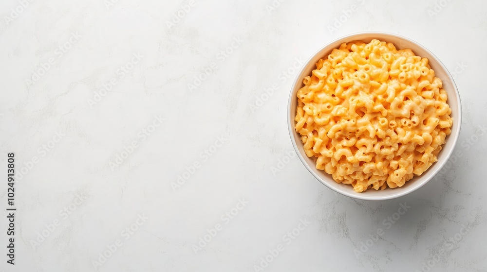 Top view of a bowl of macaroni and cheese on a white background, with copy space available Top view of a bowl of macaroni and cheese on a white background, with copy space available