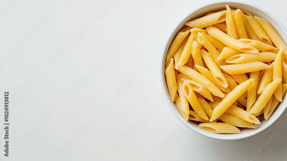 Top view of a bowl of penne pasta, simple and minimalist, with open white space for copy Top view of a bowl of penne pasta, simple and minimalist, with open white space for copy