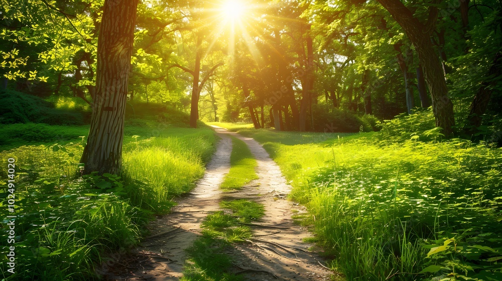 Obraz premium Tranquil Pathway: A Narrow Road Embraced by Lush Greenery and Trees