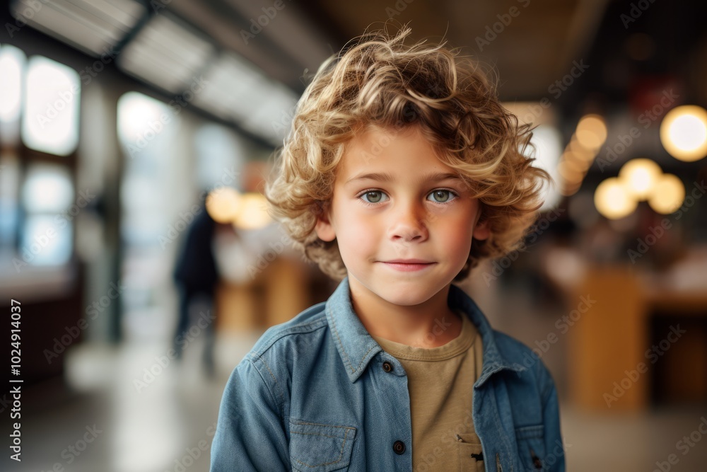 Portrait of a cute little boy with blond curly hair in a cafe Portrait of a cute little boy with blond curly hair in a cafe
