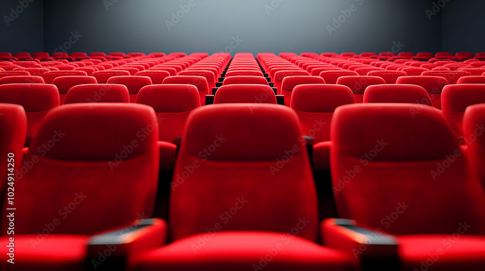 A row of empty red cinema seats in a darkened theater. A row of empty red cinema seats in a darkened theater.