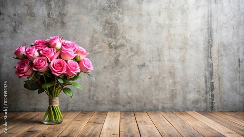 Pink roses bouquet on wooden floor with cement wall background