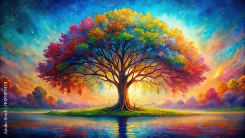 Oil painting background with a multicolor tree of life design