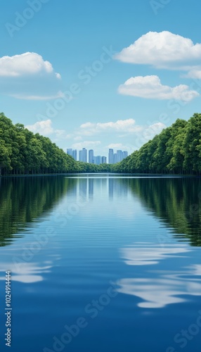 A serene lake reflecting a clear blue sky and city skyline surrounded by greenery.