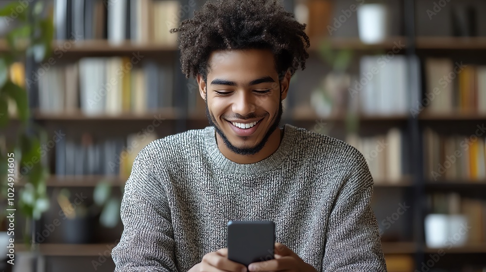 A young man with a smile on his face, looking at his phone in a library setting. A young man with a smile on his face, looking at his phone in a library setting.